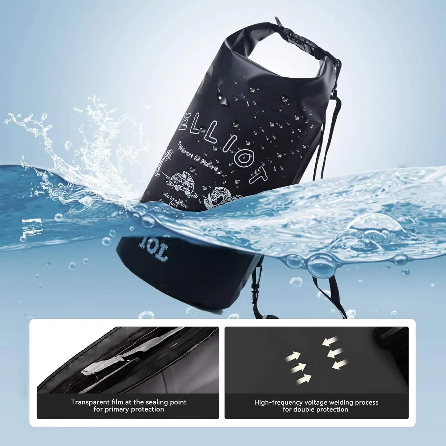 10L Waterproof Dry Bag Tough & Water-repellent Storage Bag with Adjustable Shoulder Strap Lightweight Portable Shoulder Dry Bags for Kayaking Boating Camping Black