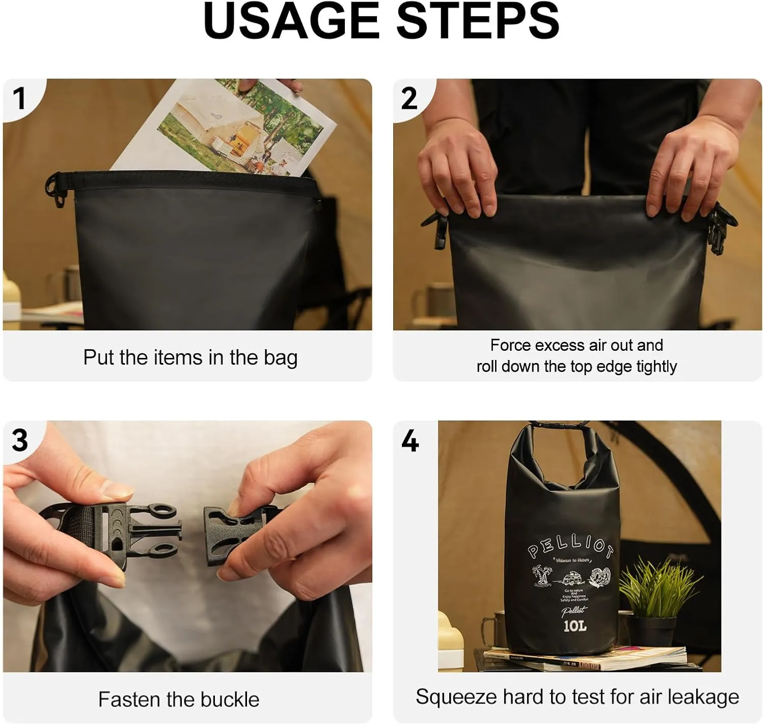 10L Waterproof Dry Bag Tough & Water-repellent Storage Bag with Adjustable Shoulder Strap Lightweight Portable Shoulder Dry Bags for Kayaking Boating Camping Black
