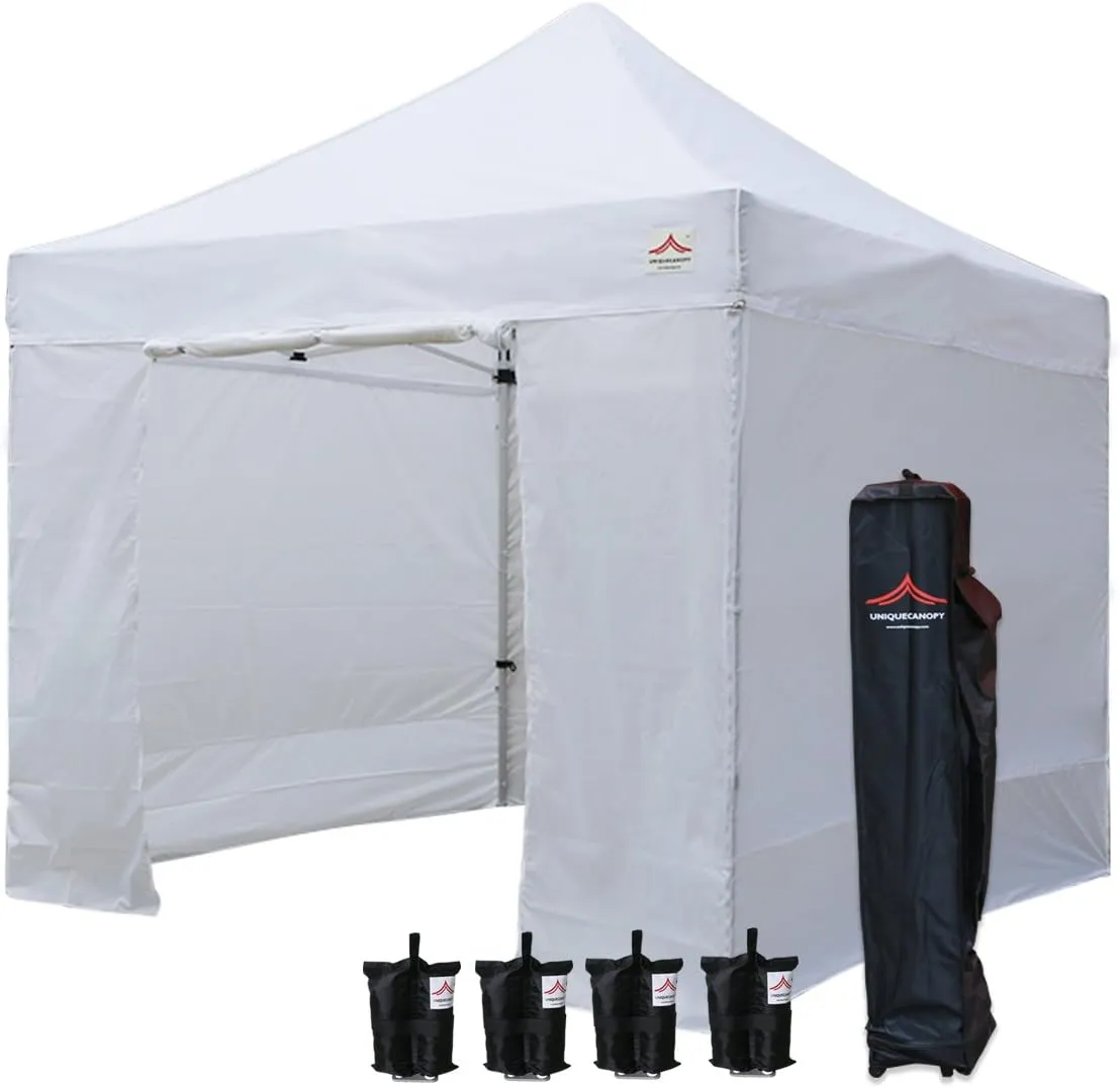 10'x10' Pop Up Canopy Tent Commercial Instant Shelter, with 4 Removable Zippered Side Walls and Heavy Duty Roller Bag, 4 Sand Bags White