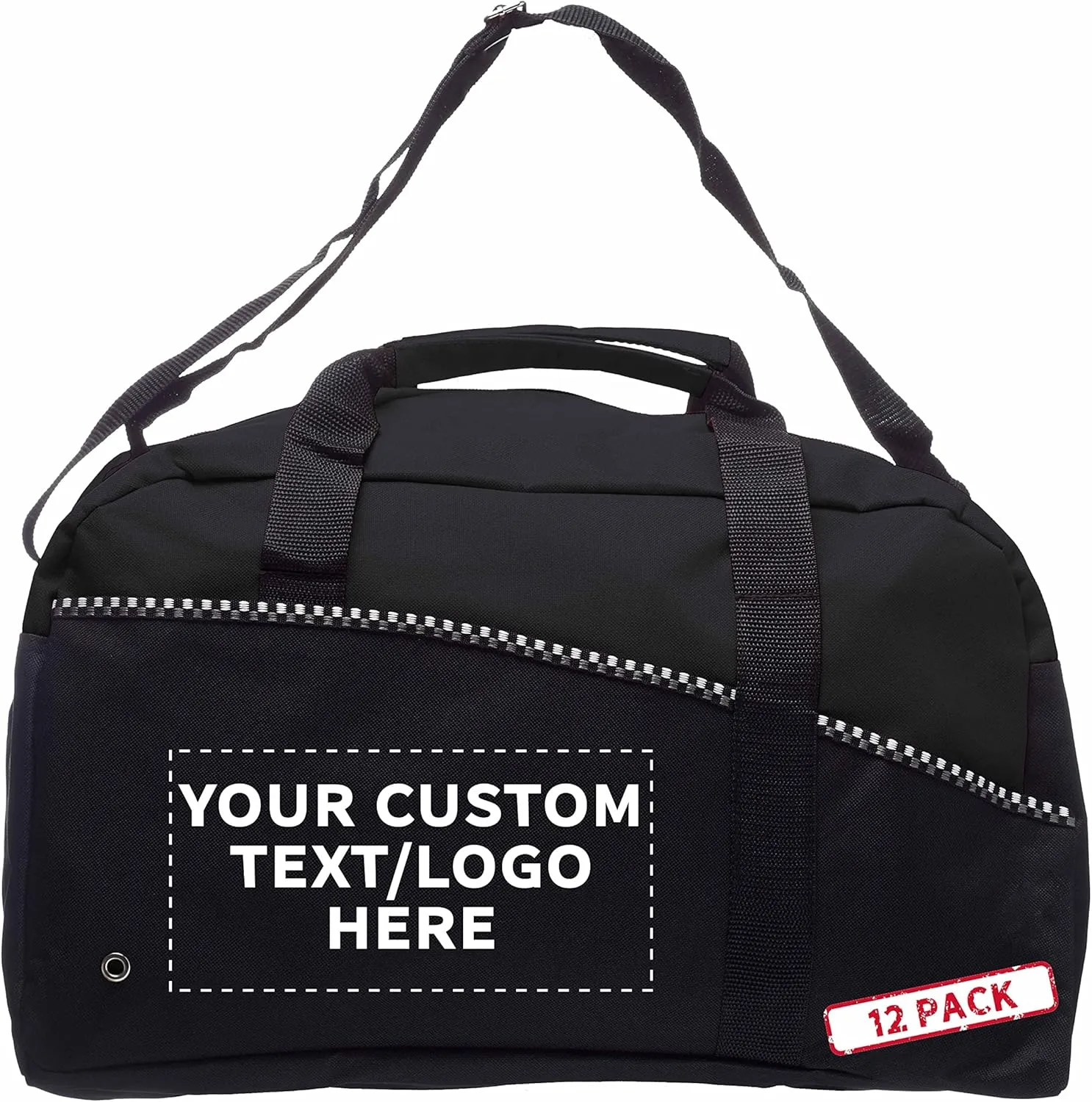 12 Center Court Duffel Bags Set - Customizable Text, Logo - Polyester, Zippered, Front Pocket, Adjustable Strap - Black