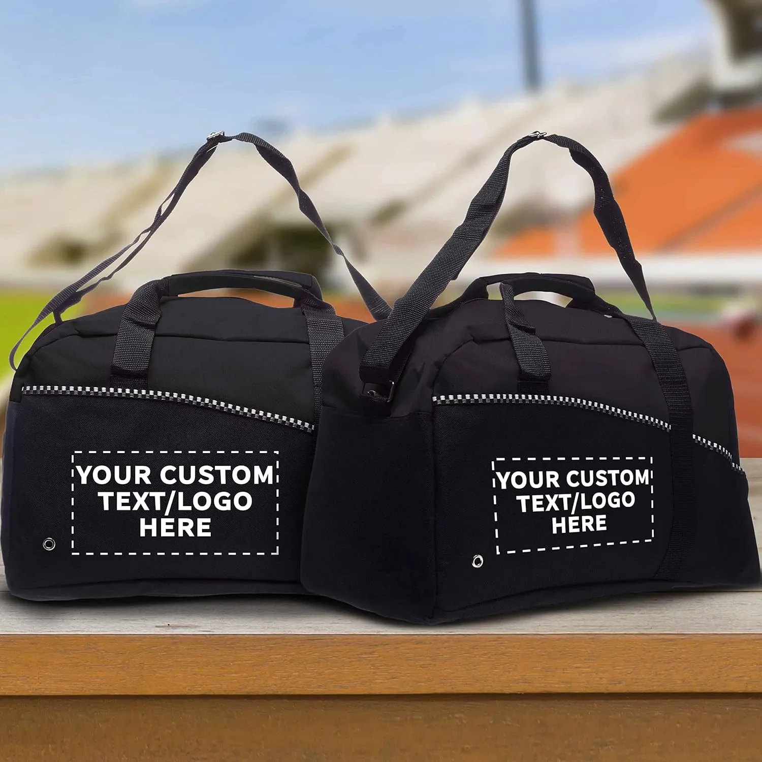 12 Center Court Duffel Bags Set - Customizable Text, Logo - Polyester, Zippered, Front Pocket, Adjustable Strap - Black
