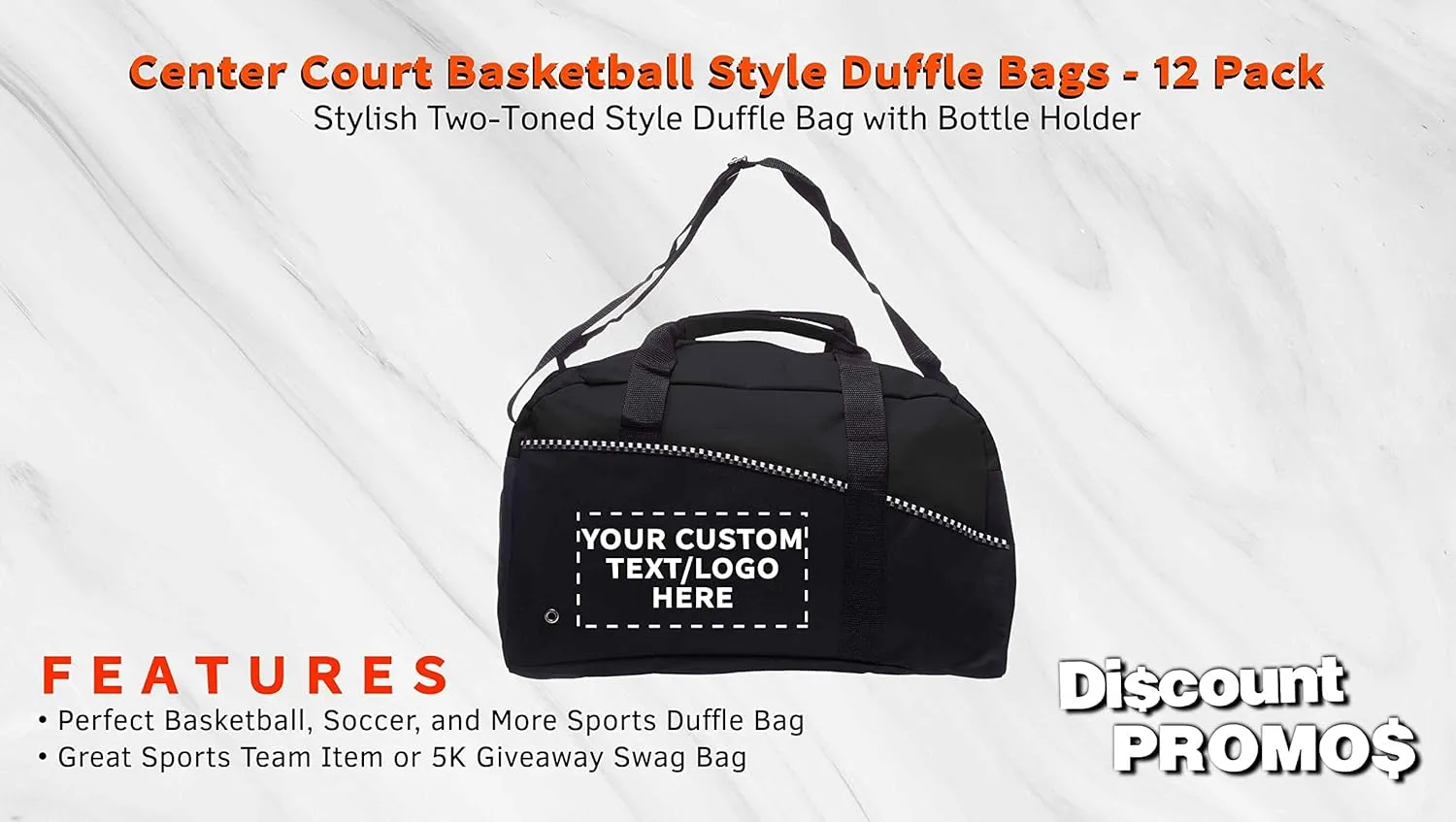 12 Center Court Duffel Bags Set - Customizable Text, Logo - Polyester, Zippered, Front Pocket, Adjustable Strap - Black