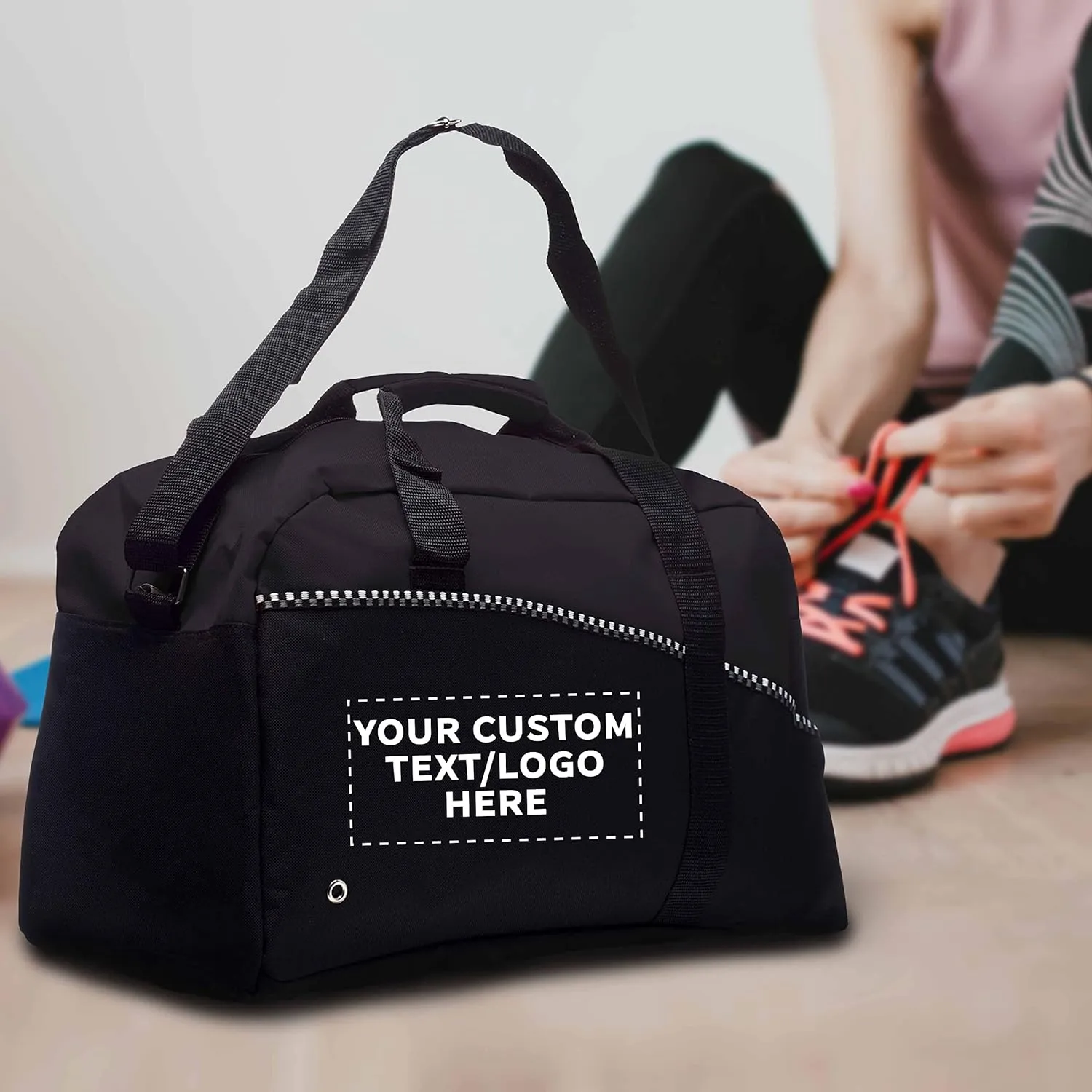 12 Center Court Duffel Bags Set - Customizable Text, Logo - Polyester, Zippered, Front Pocket, Adjustable Strap - Black