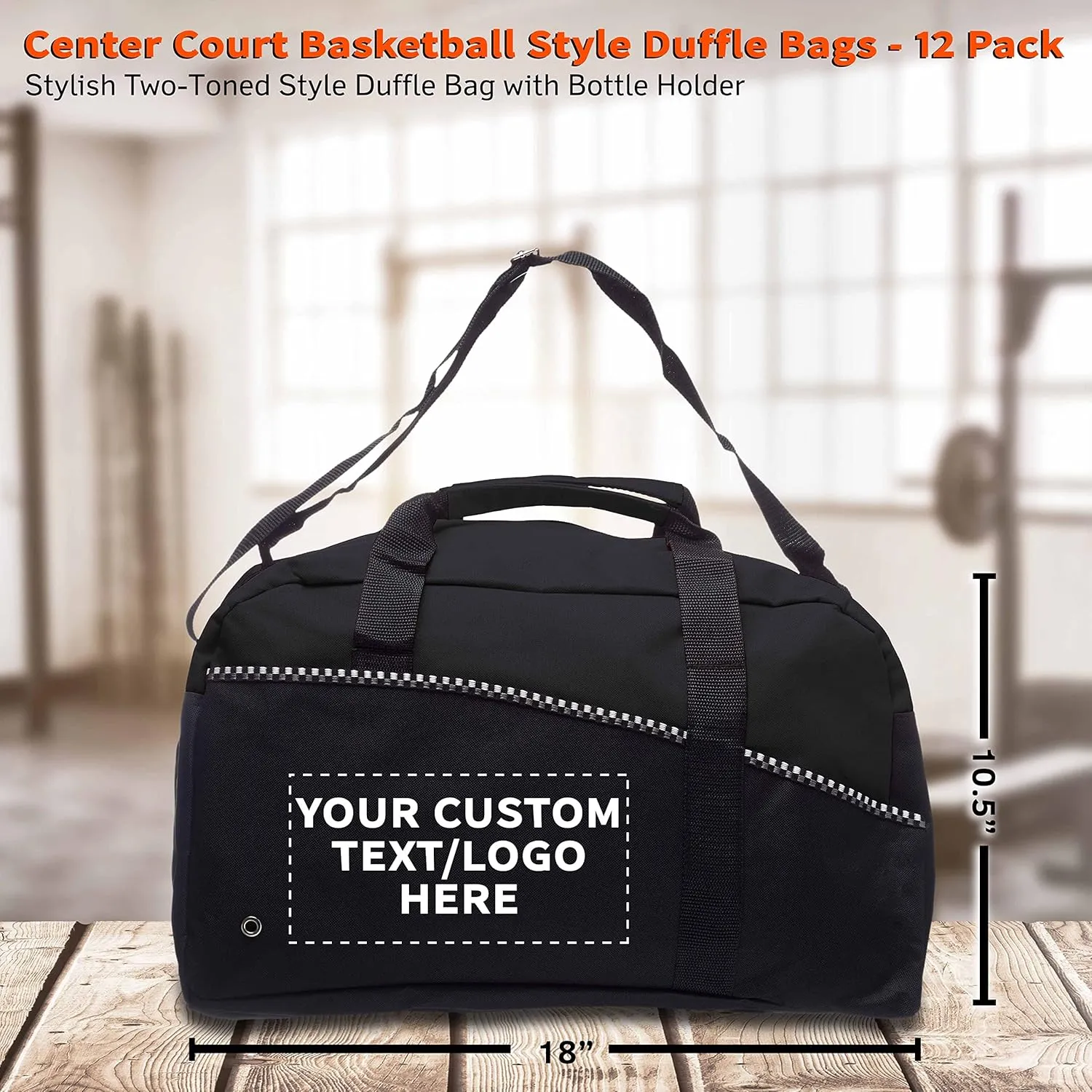 12 Center Court Duffel Bags Set - Customizable Text, Logo - Polyester, Zippered, Front Pocket, Adjustable Strap - Black
