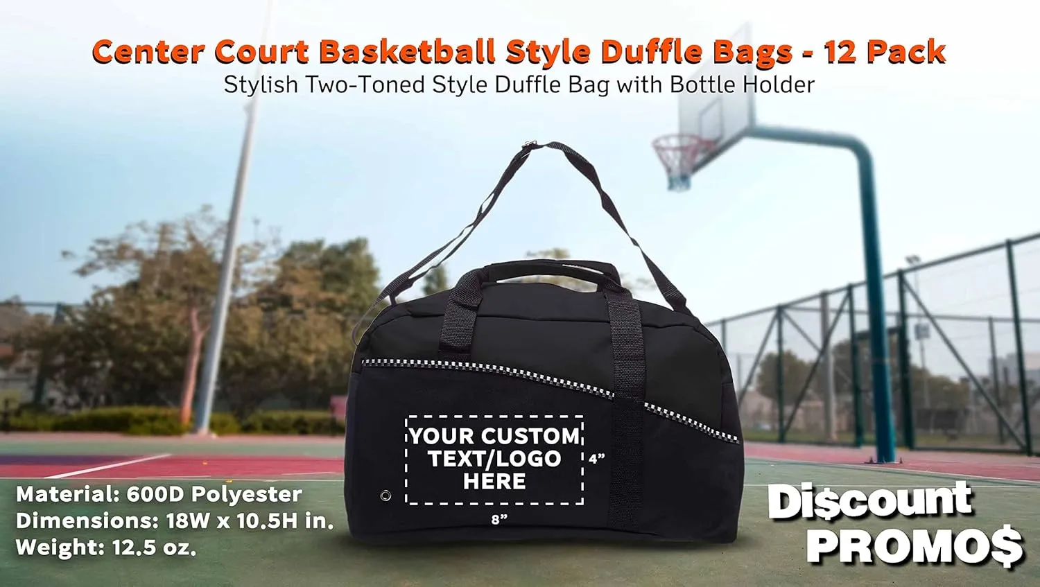 12 Center Court Duffel Bags Set - Customizable Text, Logo - Polyester, Zippered, Front Pocket, Adjustable Strap - Black