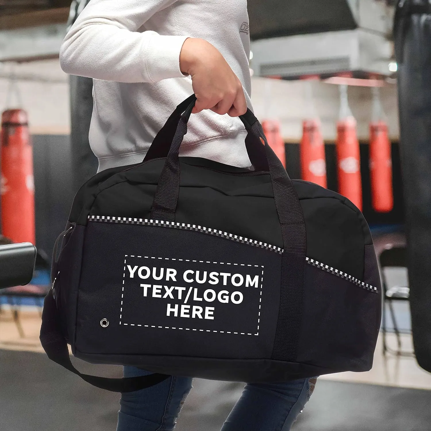 12 Center Court Duffel Bags Set - Customizable Text, Logo - Polyester, Zippered, Front Pocket, Adjustable Strap - Black