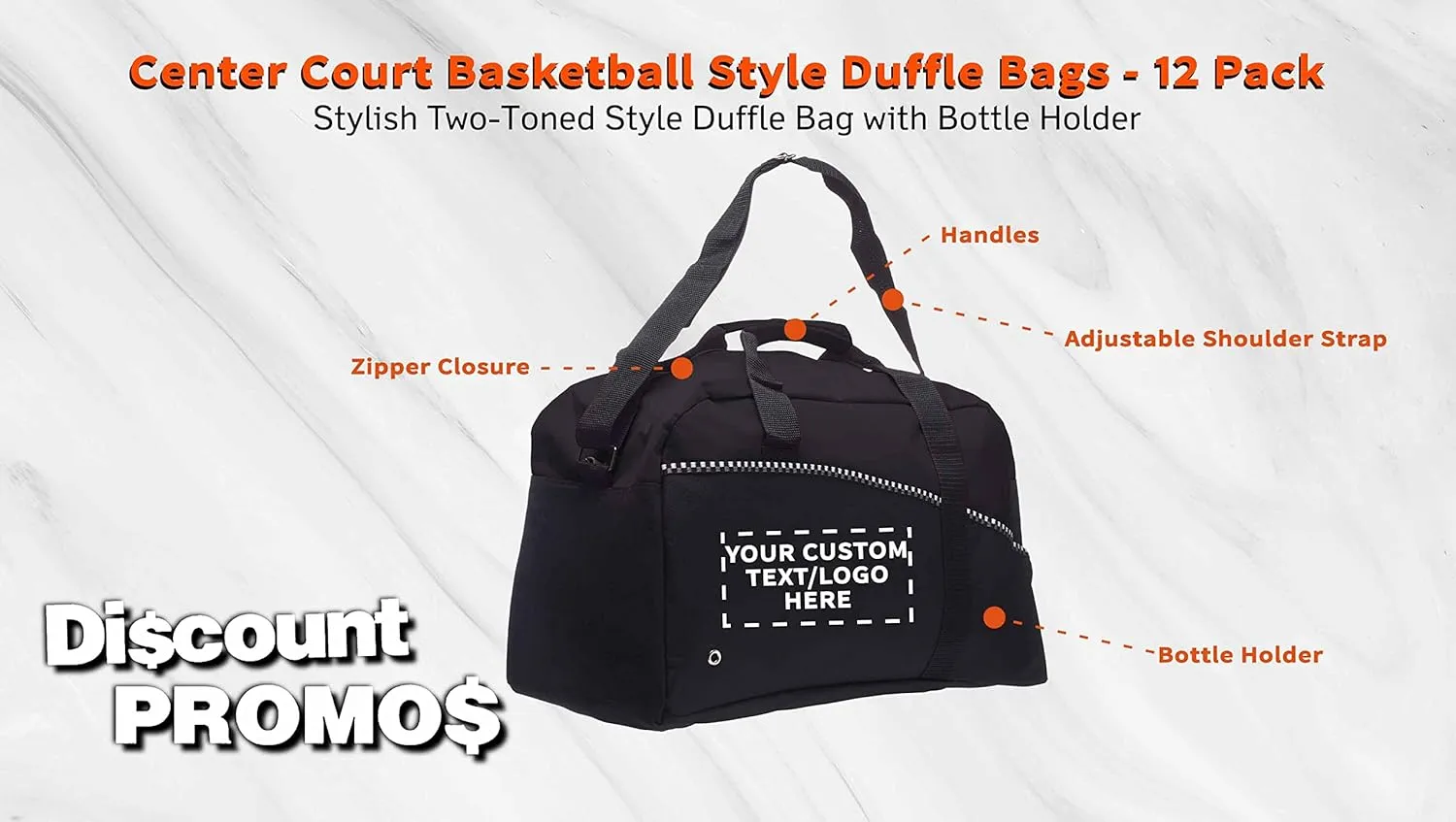 12 Center Court Duffel Bags Set - Customizable Text, Logo - Polyester, Zippered, Front Pocket, Adjustable Strap - Black
