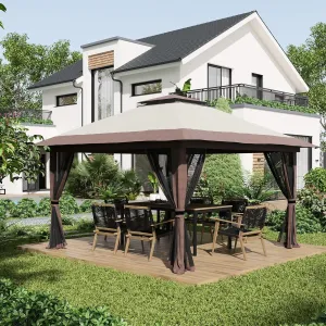 13' X Pop Up Gazebo, Instant Canopy Tent with Netting. 2 Roof for Greater Stability, Uv50  Protection Coverlet, Beige Outdoor, Garden, Party. Includes Wheeled Bag & Water/Sand Bags More Stable Setup,