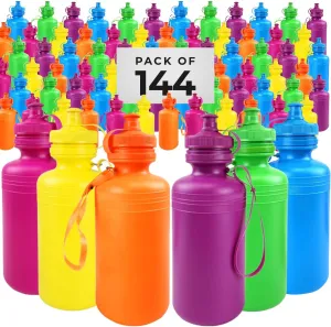 144 Neon Water Sports Bottles for Bikes | MEGA Bulk Pack, 7.5 inches, Wrist Strap | Awesome Summer Beach Accessory Holds 18 Ounces of Drinks to Keep Kids Hydrated (144 Bottles)