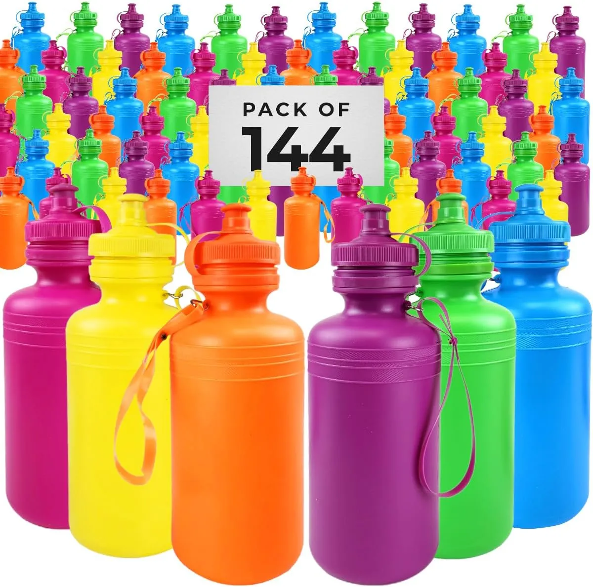 144 Neon Water Sports Bottles for Bikes | MEGA Bulk Pack, 7.5 inches, Wrist Strap | Awesome Summer Beach Accessory Holds 18 Ounces of Drinks to Keep Kids Hydrated (144 Bottles)