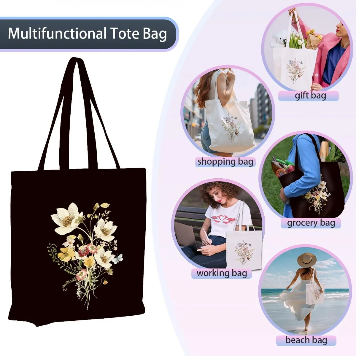 2 Pcs Canvas Tote Bag Floral Set Canvas Bag for Work Shopping Beach Grocery Christmas Birthday Gift for Women