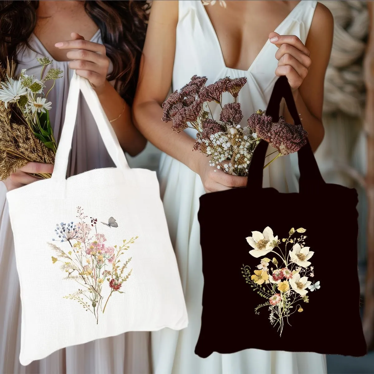 2 Pcs Canvas Tote Bag Floral Set Canvas Bag for Work Shopping Beach Grocery Christmas Birthday Gift for Women