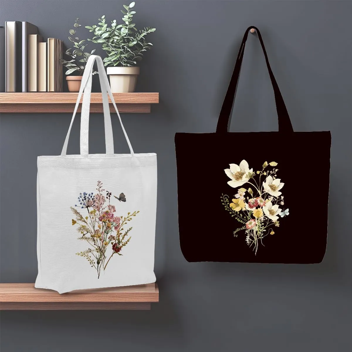 2 Pcs Canvas Tote Bag Floral Set Canvas Bag for Work Shopping Beach Grocery Christmas Birthday Gift for Women