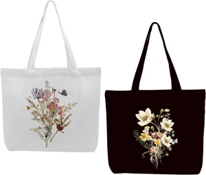 2 Pcs Canvas Tote Bag Floral Set Canvas Bag for Work Shopping Beach Grocery Christmas Birthday Gift for Women