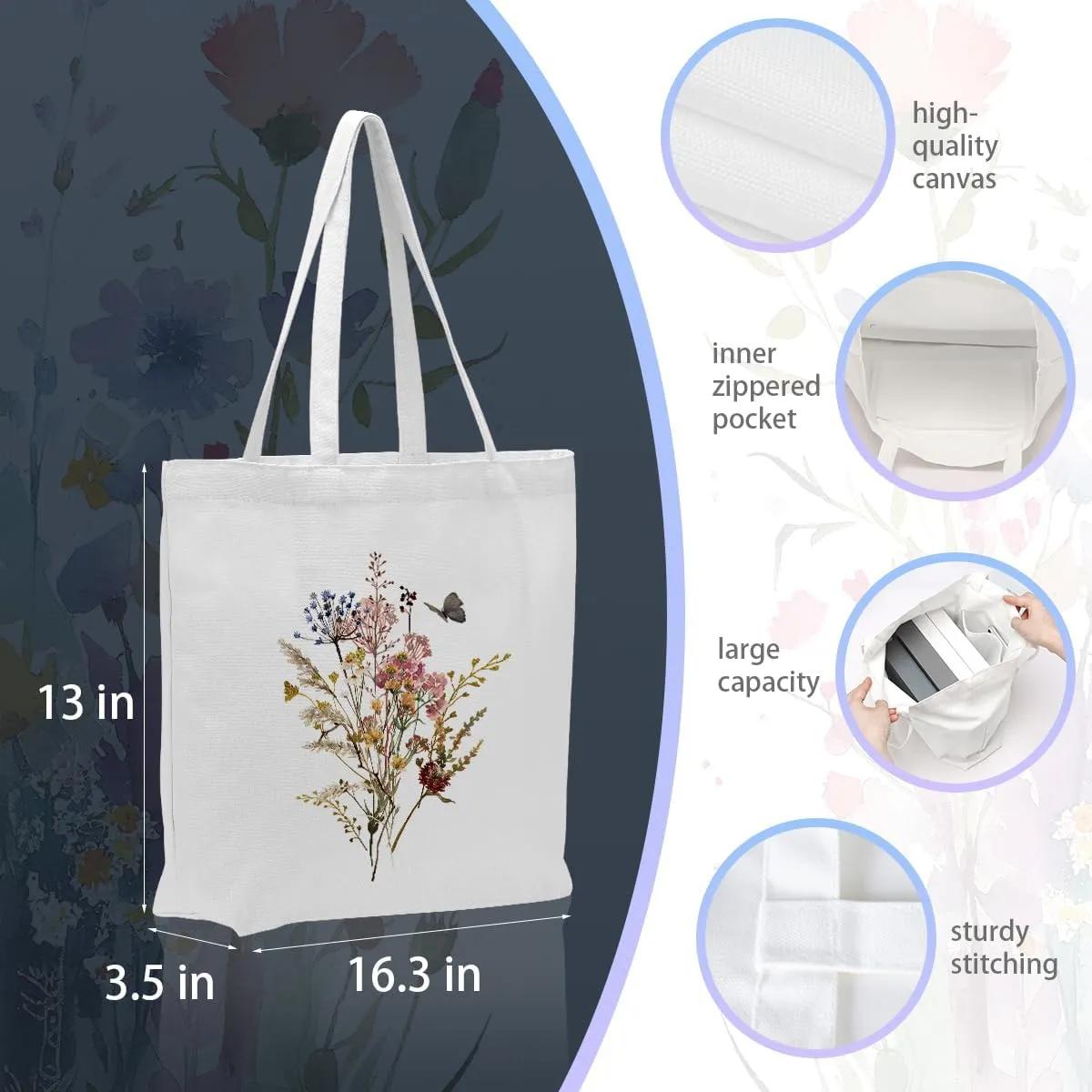 2 Pcs Canvas Tote Bag Floral Set Canvas Bag for Work Shopping Beach Grocery Christmas Birthday Gift for Women
