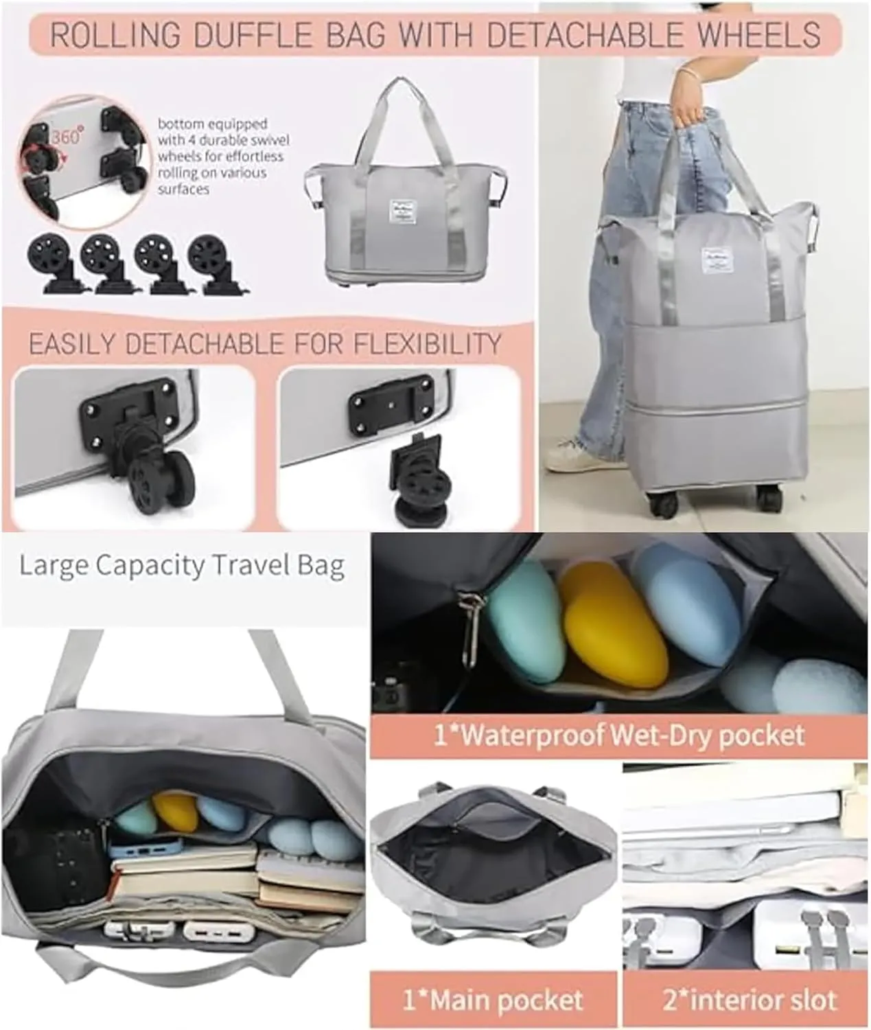 2025 Beente Travel Bag with Wheels, Large Capacity with Removable Universal Wheels Tote Luggage for Easy Travel (Black)