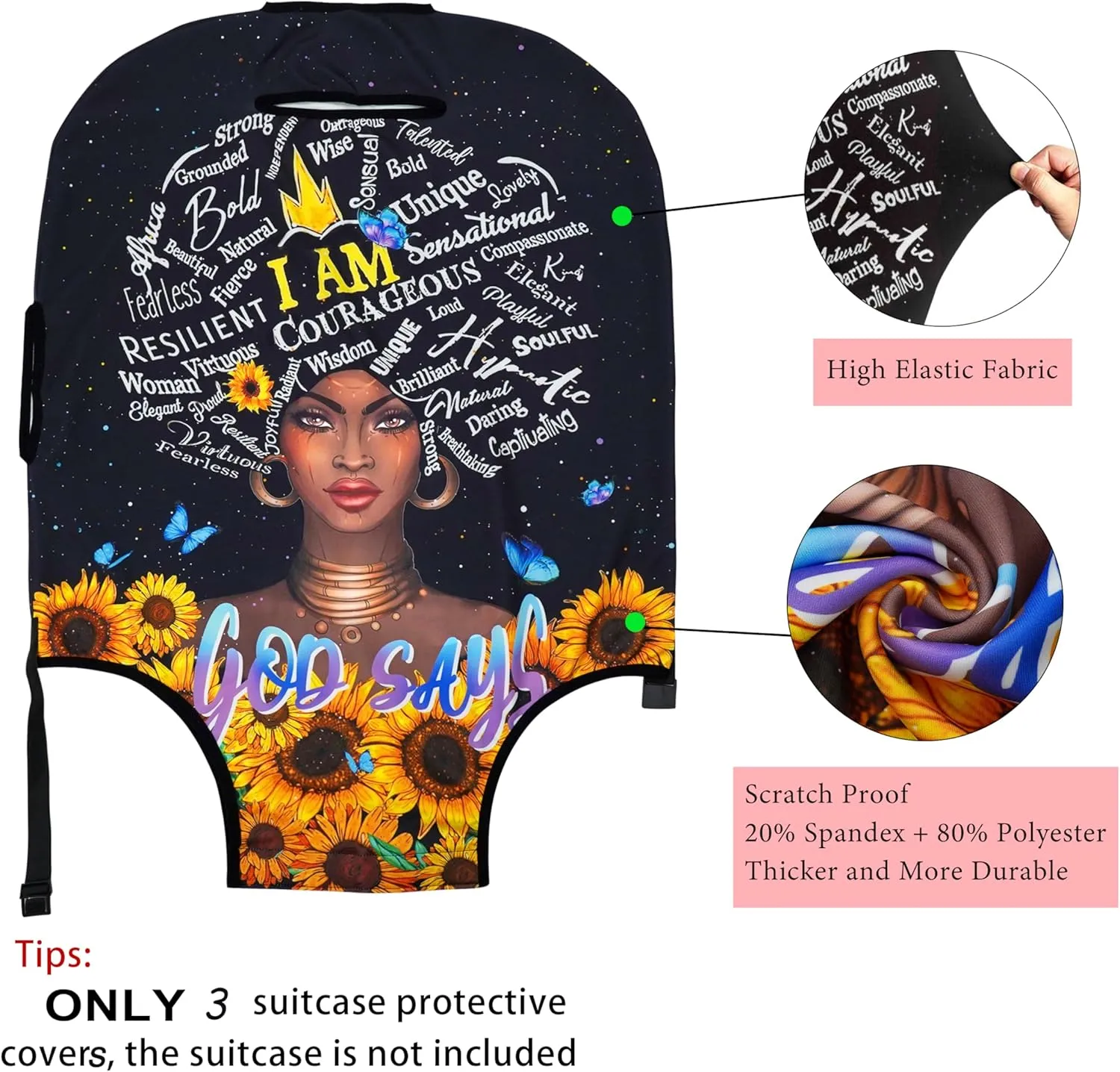 3 Pieces of Luggage Cover Travel Suitcase Protector African American Girl Elastic Washable Baggage Covers for Set of 3 Luggage (S&M &L)