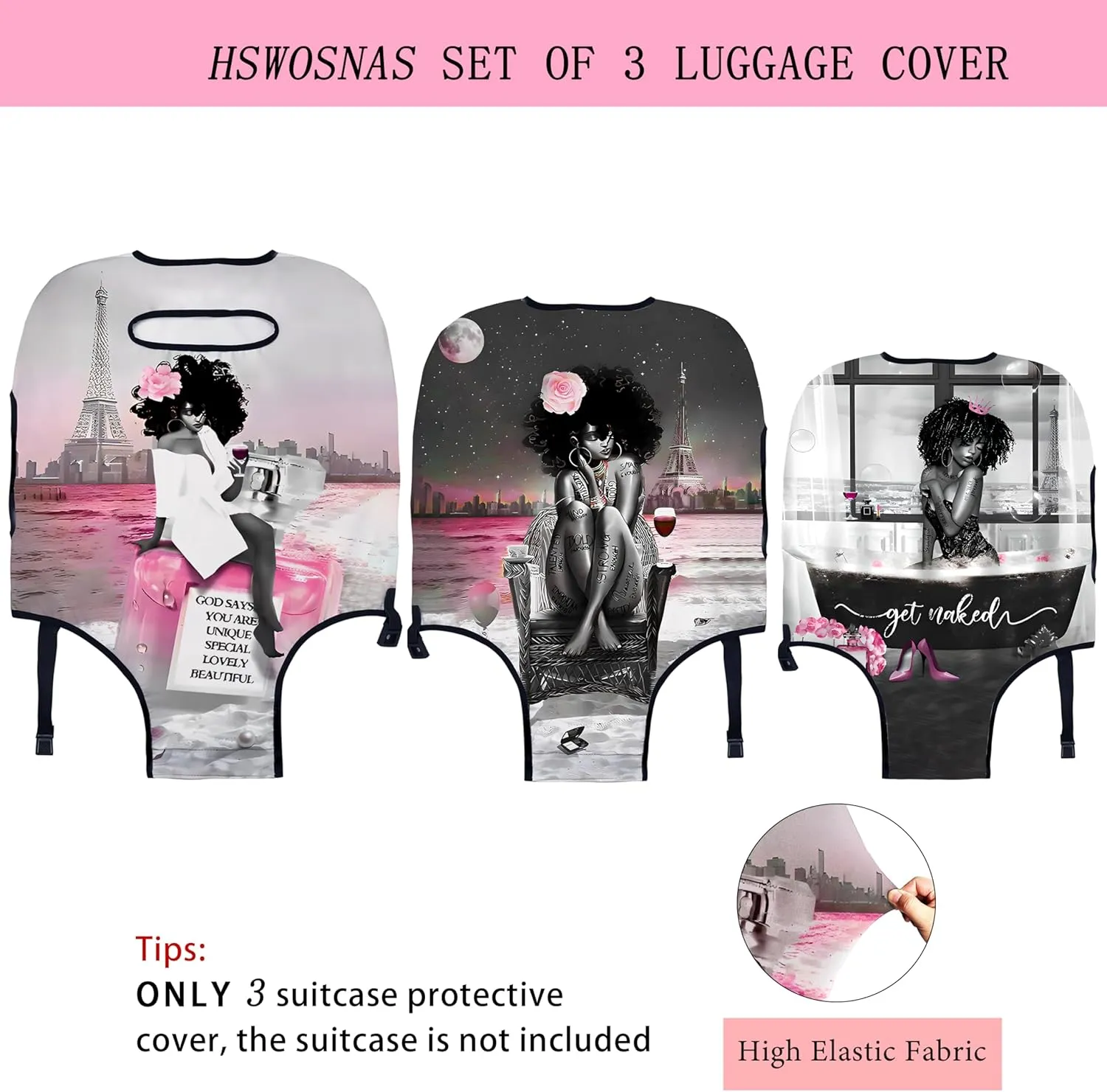 3 Pieces of Luggage Cover Travel Suitcase Protector Cute Girls Elastic Washable Baggage Covers for Set of 3 Luggage (S&M &L)
