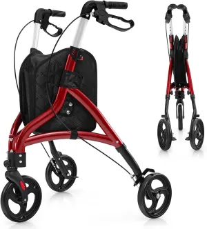 3 Wheel Rolling Walker, Foldable Rollator Walker with Wheels & Storage Bag, Wheeled Walker Mobility Aids for Elderly & Adults (Red)