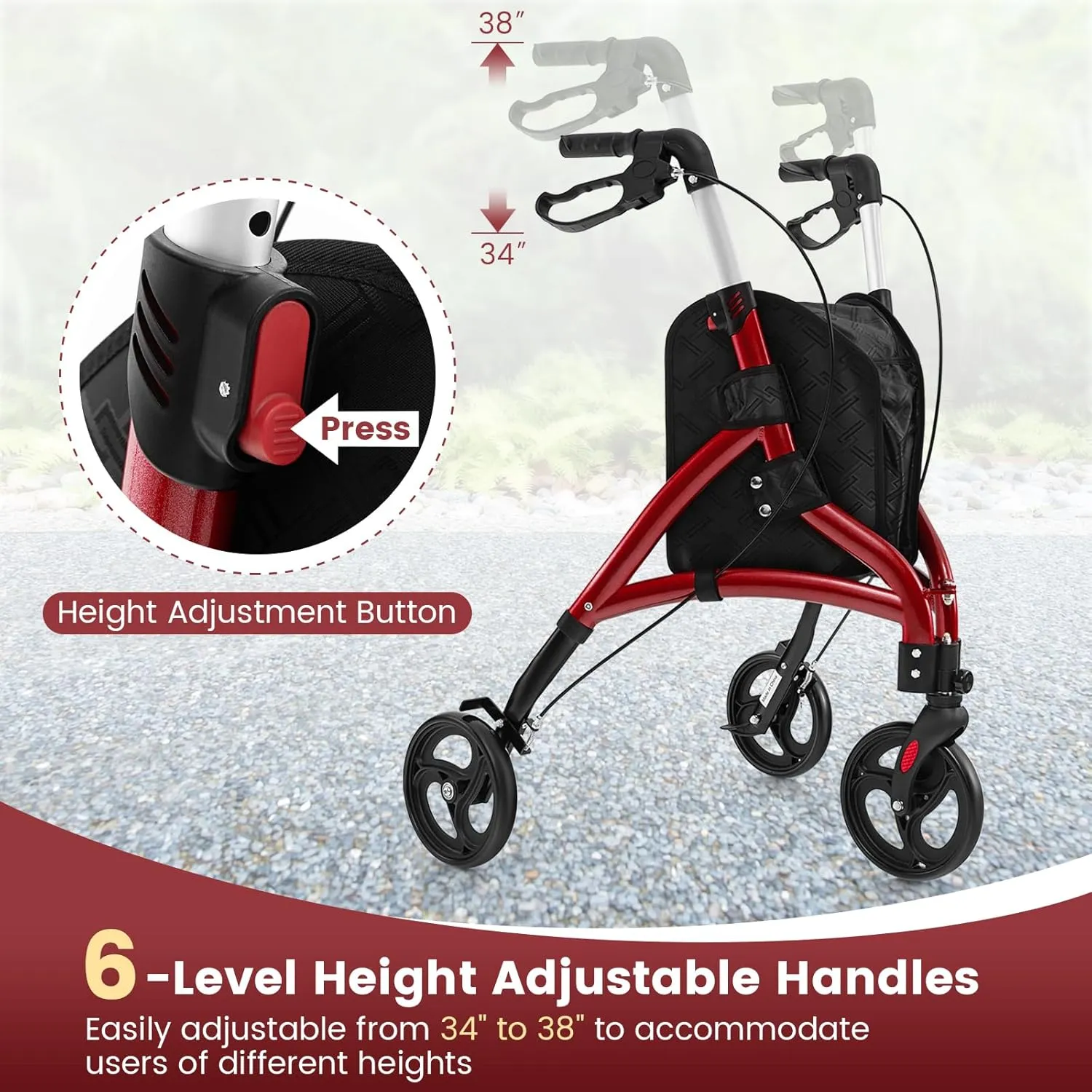 3 Wheel Rolling Walker, Foldable Rollator Walker with Wheels & Storage Bag, Wheeled Walker Mobility Aids for Elderly & Adults (Red)