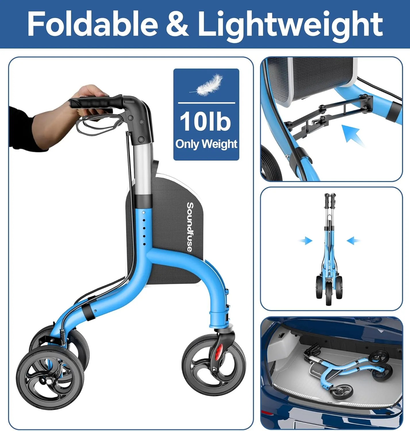 3 Wheel Walkers for Seniors, Lightweight Foldable Aluminum Rollator Walker, Height Adjustable Three Wheel Walker, FSA HSA Eligible, Blue