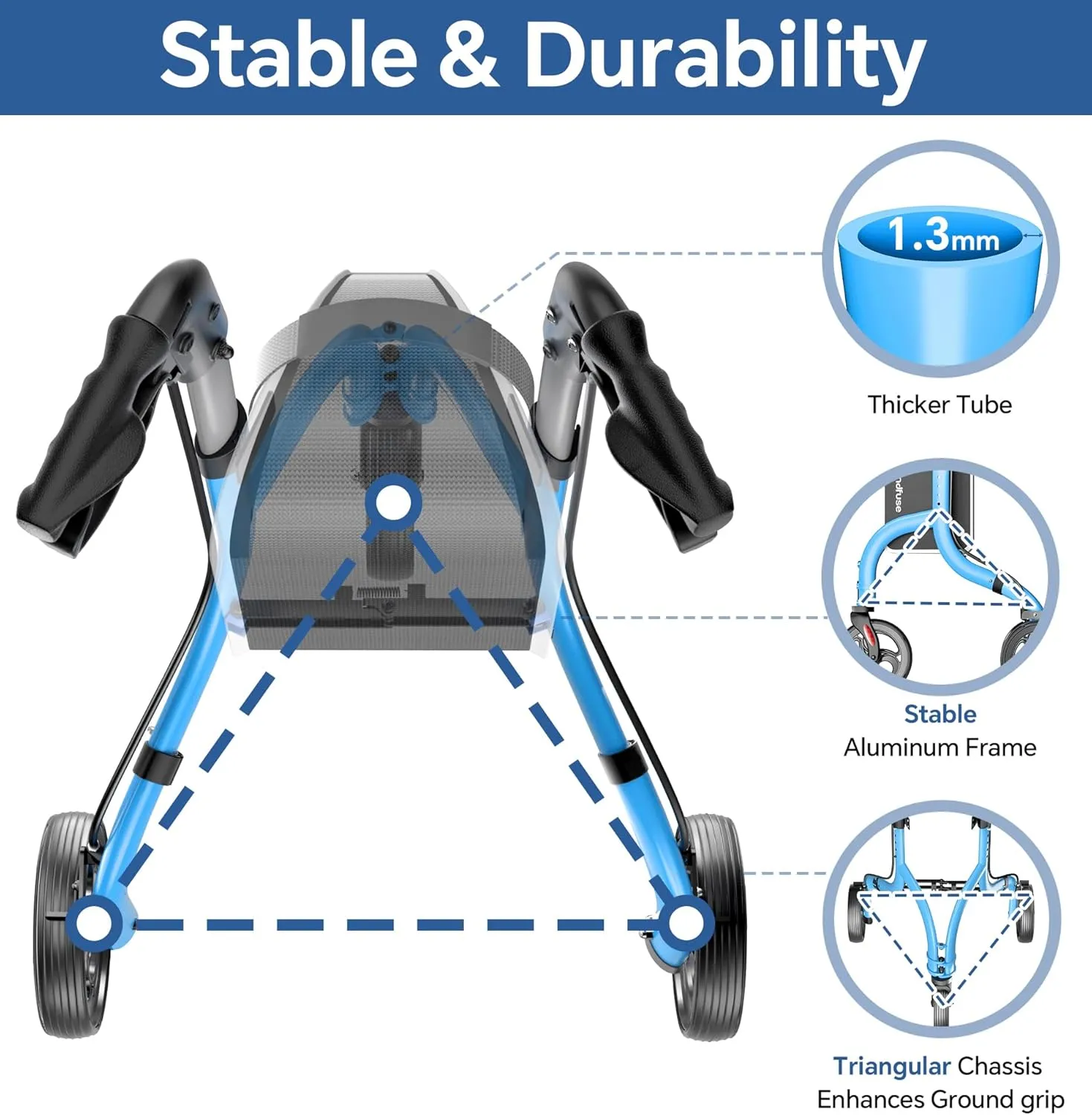 3 Wheel Walkers for Seniors, Lightweight Foldable Aluminum Rollator Walker, Height Adjustable Three Wheel Walker, FSA HSA Eligible, Blue
