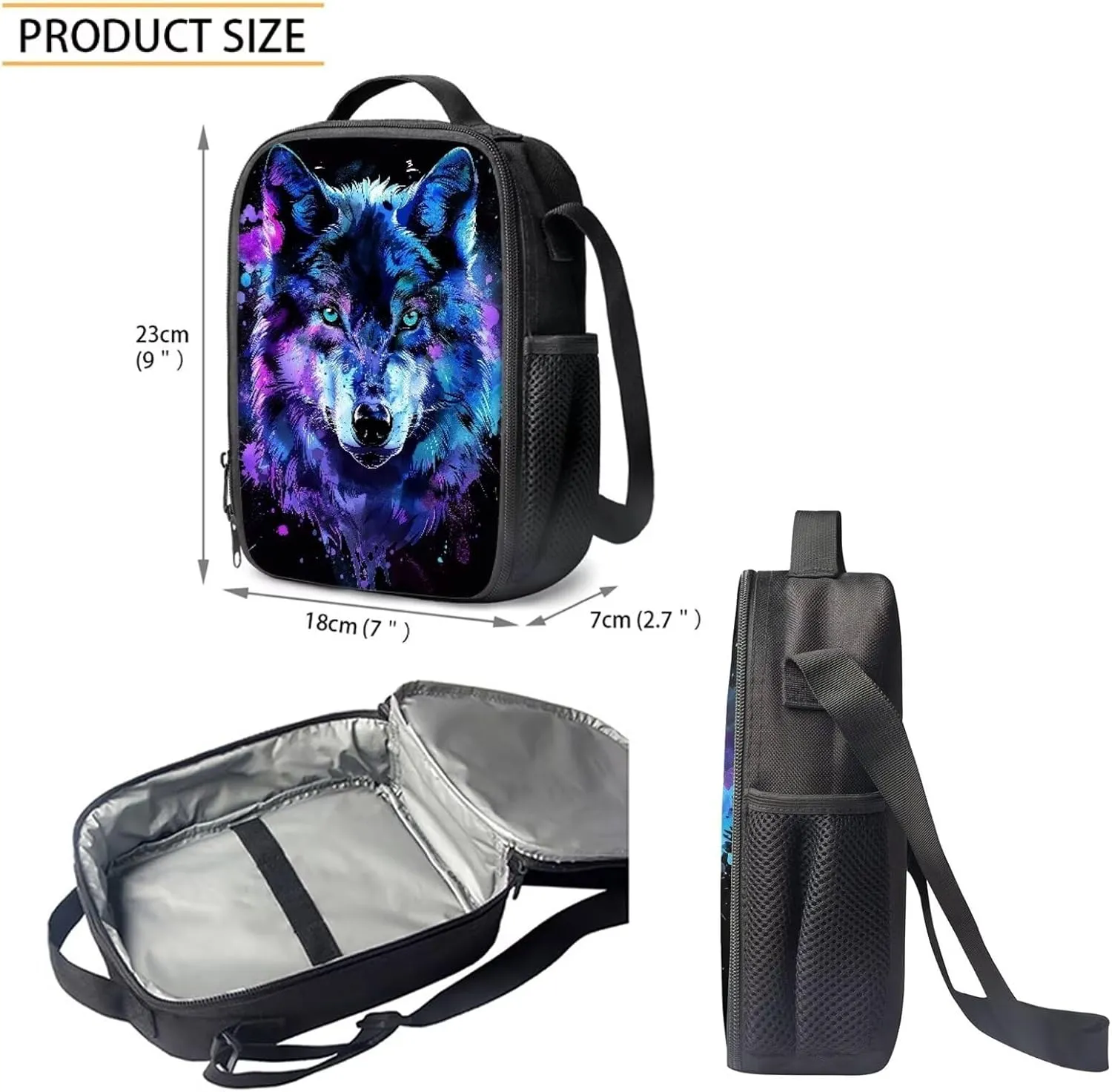 3PCS Blue Purple Wolf Backpack for Boys Cool Lightweight Boys Bookbag with Lunch Box 17 Inch Large Capacity Teens School Bags for 8-9 Back to School Travel Hiking Knapsack