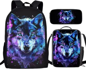 3PCS Blue Purple Wolf Backpack for Boys Cool Lightweight Boys Bookbag with Lunch Box 17 Inch Large Capacity Teens School Bags for 8-9 Back to School Travel Hiking Knapsack