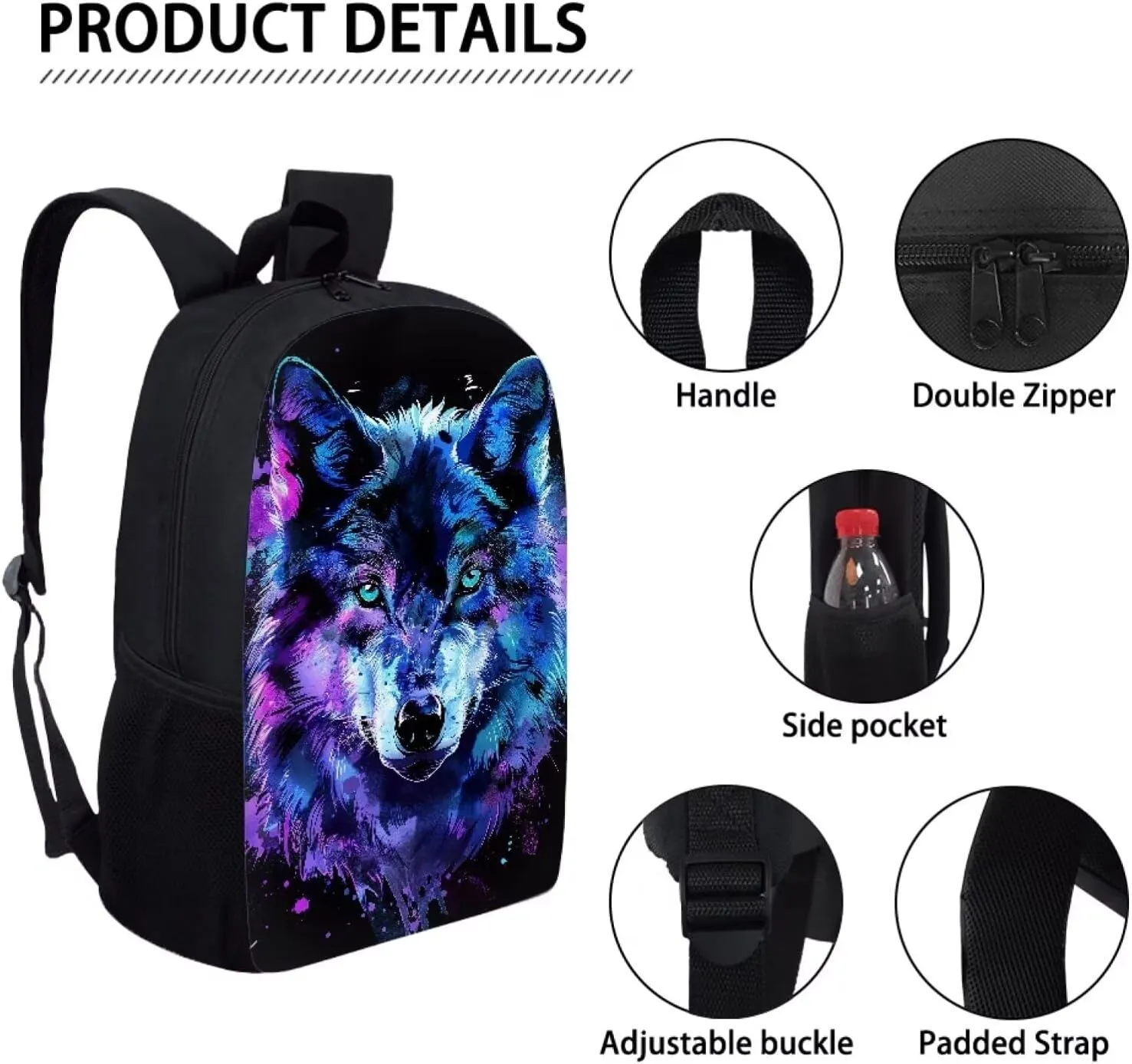 3PCS Blue Purple Wolf Backpack for Boys Cool Lightweight Boys Bookbag with Lunch Box 17 Inch Large Capacity Teens School Bags for 8-9 Back to School Travel Hiking Knapsack