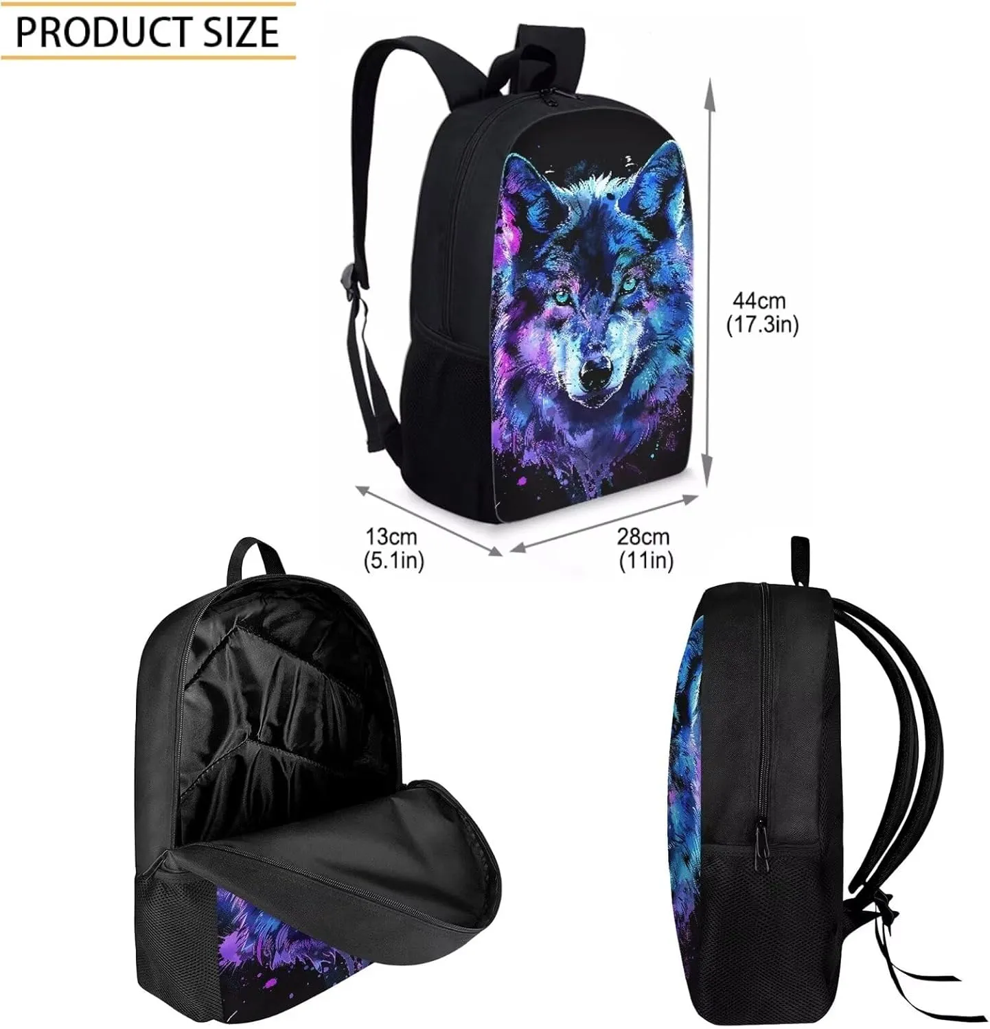 3PCS Blue Purple Wolf Backpack for Boys Cool Lightweight Boys Bookbag with Lunch Box 17 Inch Large Capacity Teens School Bags for 8-9 Back to School Travel Hiking Knapsack