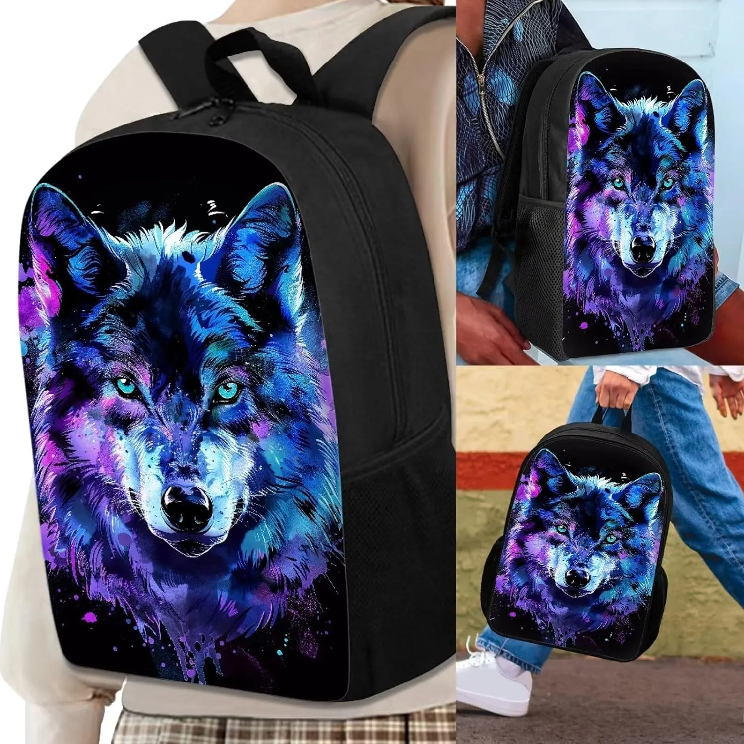 3PCS Blue Purple Wolf Backpack for Boys Cool Lightweight Boys Bookbag with Lunch Box 17 Inch Large Capacity Teens School Bags for 8-9 Back to School Travel Hiking Knapsack