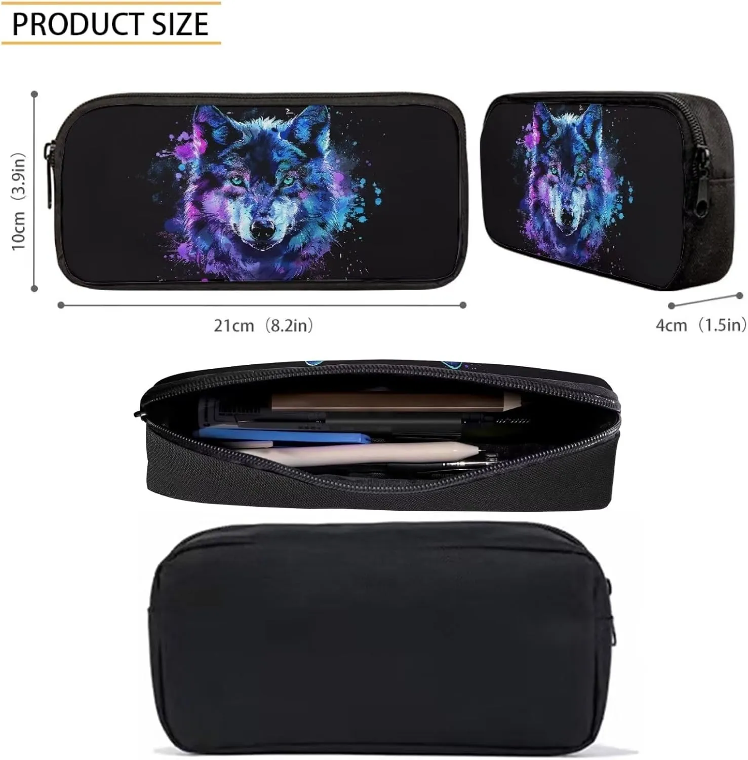 3PCS Blue Purple Wolf Backpack for Boys Cool Lightweight Boys Bookbag with Lunch Box 17 Inch Large Capacity Teens School Bags for 8-9 Back to School Travel Hiking Knapsack