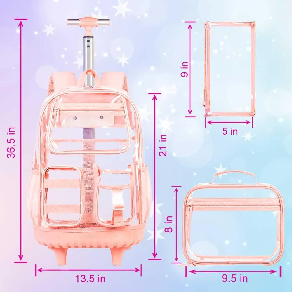 3PCS Clear Backpack Rolling Backpack for Girls, Heavy Duty PVC Transparent Bookbag, See Through School Bags with Wheels for Teens Women Elementary Travel - Pink