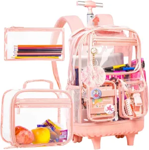 3PCS Clear Backpack Rolling Backpack for Girls, Heavy Duty PVC Transparent Bookbag, See Through School Bags with Wheels for Teens Women Elementary Travel - Pink