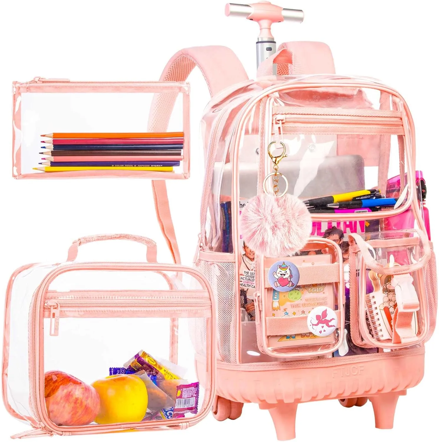 3PCS Clear Backpack Rolling Backpack for Girls, Heavy Duty PVC Transparent Bookbag, See Through School Bags with Wheels for Teens Women Elementary Travel - Pink