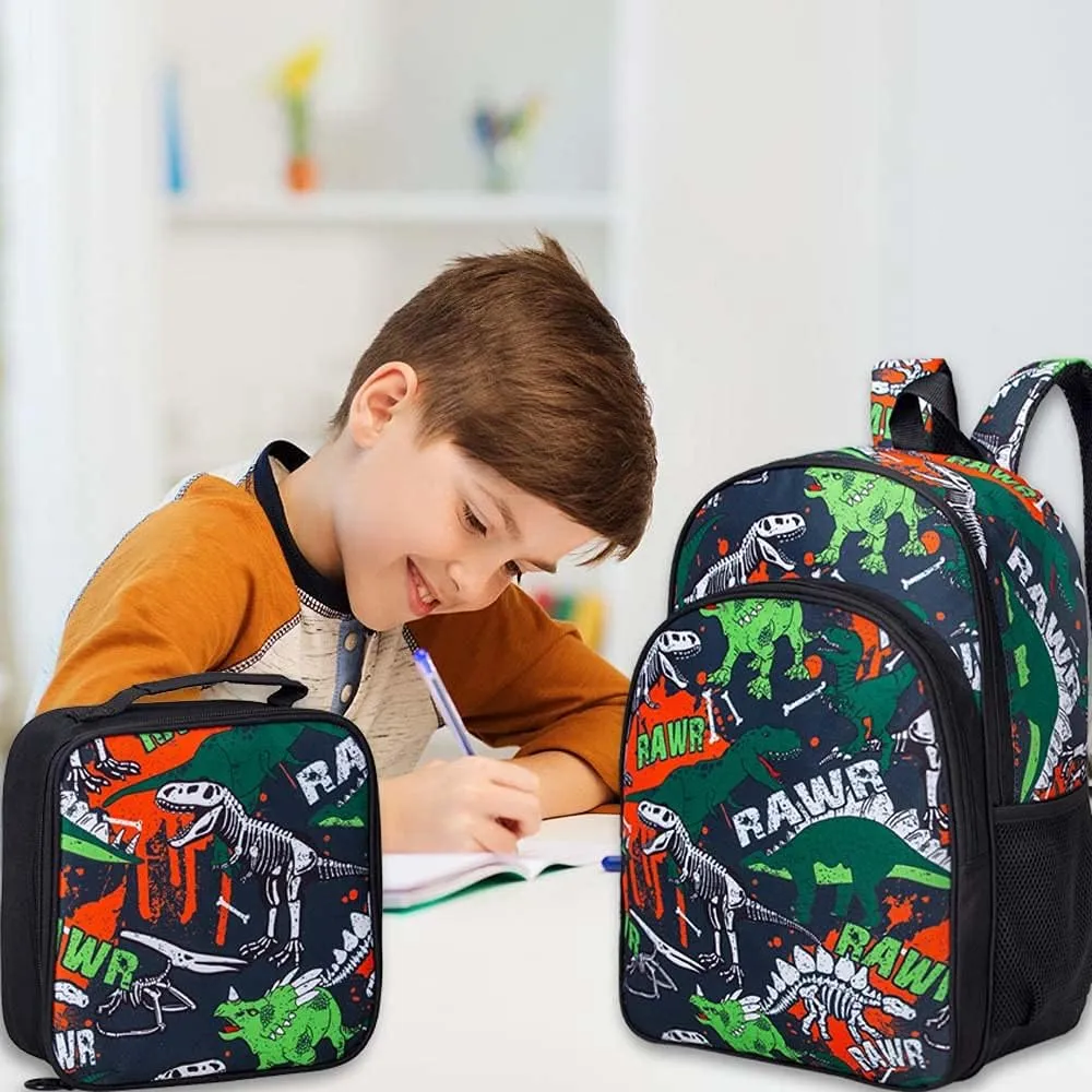 3PCS Dinosaur Backpack for Boys, 16 Inch Kids Water Resistant Preschool Elementary Kindergarten Bookbags and Lunch Box