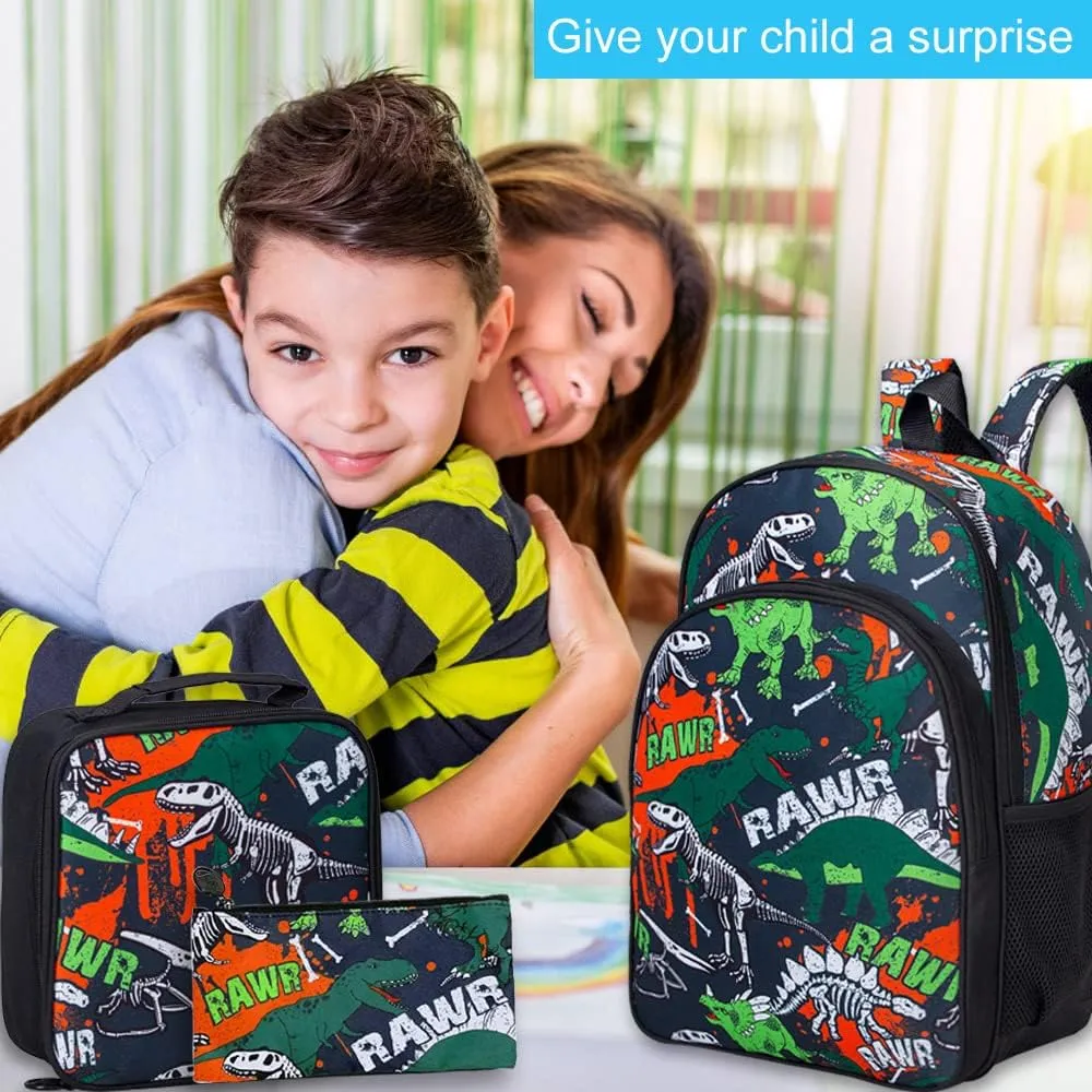 3PCS Dinosaur Backpack for Boys, 16 Inch Kids Water Resistant Preschool Elementary Kindergarten Bookbags and Lunch Box