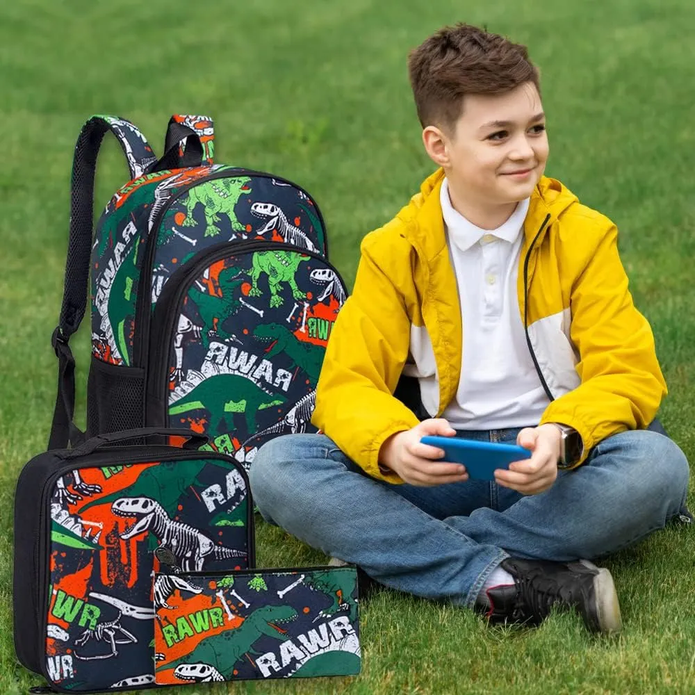 3PCS Dinosaur Backpack for Boys, 16 Inch Kids Water Resistant Preschool Elementary Kindergarten Bookbags and Lunch Box