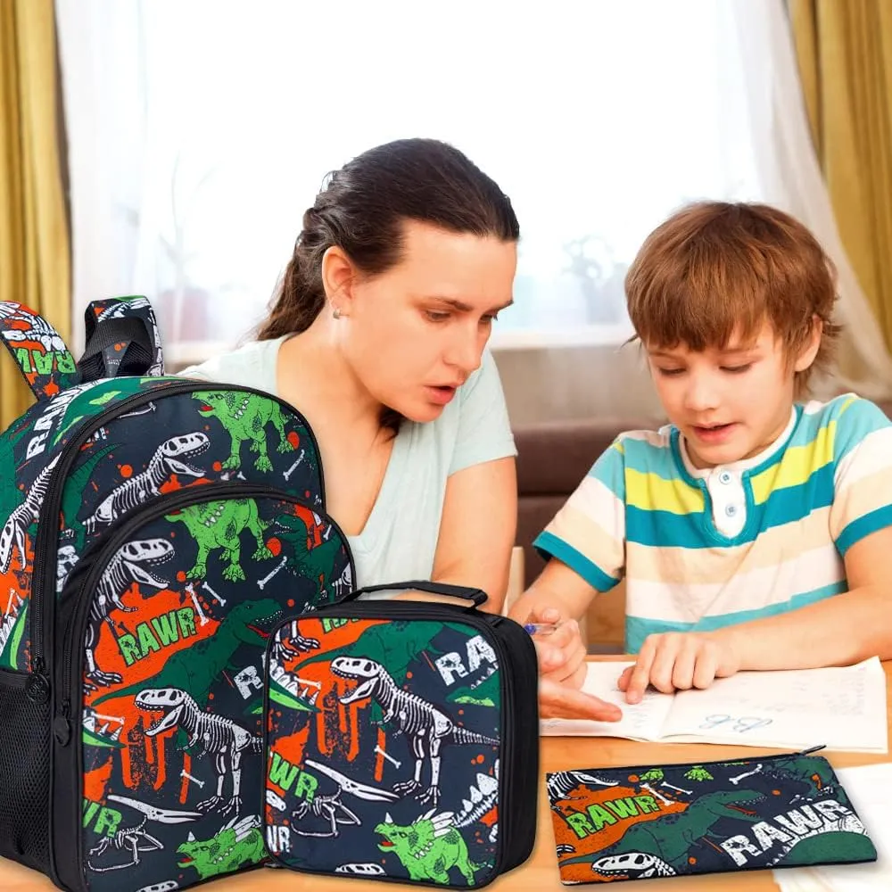 3PCS Dinosaur Backpack for Boys, 16 Inch Kids Water Resistant Preschool Elementary Kindergarten Bookbags and Lunch Box