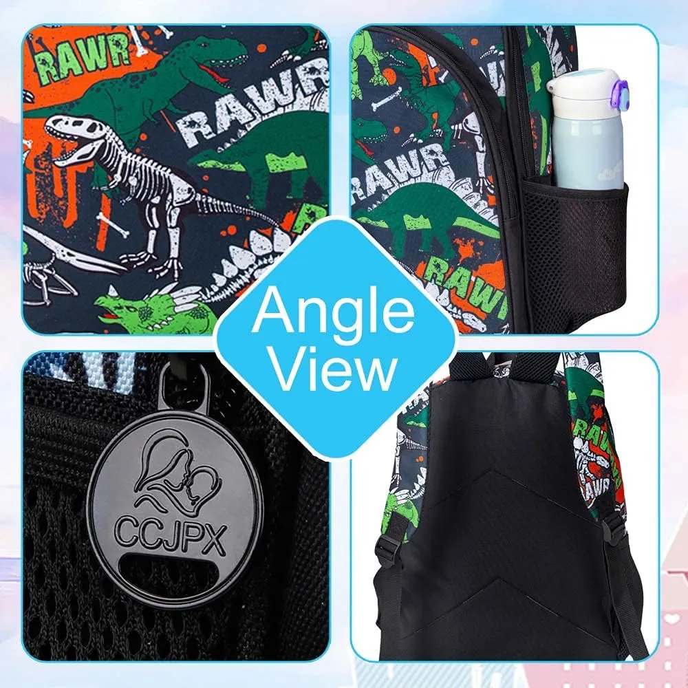 3PCS Dinosaur Backpack for Boys, 16 Inch Kids Water Resistant Preschool Elementary Kindergarten Bookbags and Lunch Box