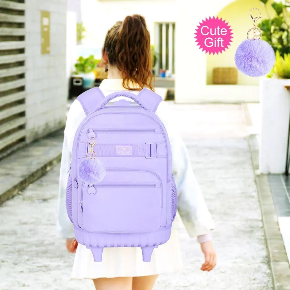 3Pcs Rolling Backpack for Girls Women, 19 Inche School Roller Backpacks with Wheels, Adults Wheeled Bookbag with Lunch Box(Purple)