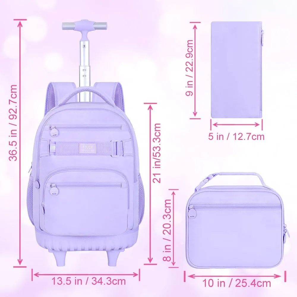 3Pcs Rolling Backpack for Girls Women, 19 Inche School Roller Backpacks with Wheels, Adults Wheeled Bookbag with Lunch Box(Purple)