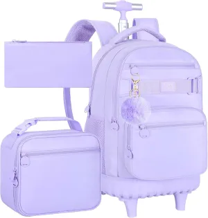 3Pcs Rolling Backpack for Girls Women, 19 Inche School Roller Backpacks with Wheels, Adults Wheeled Bookbag with Lunch Box(Purple)