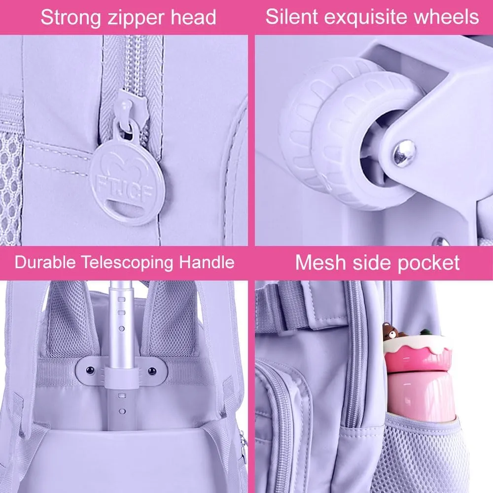 3Pcs Rolling Backpack for Girls Women, 19 Inche School Roller Backpacks with Wheels, Adults Wheeled Bookbag with Lunch Box(Purple)