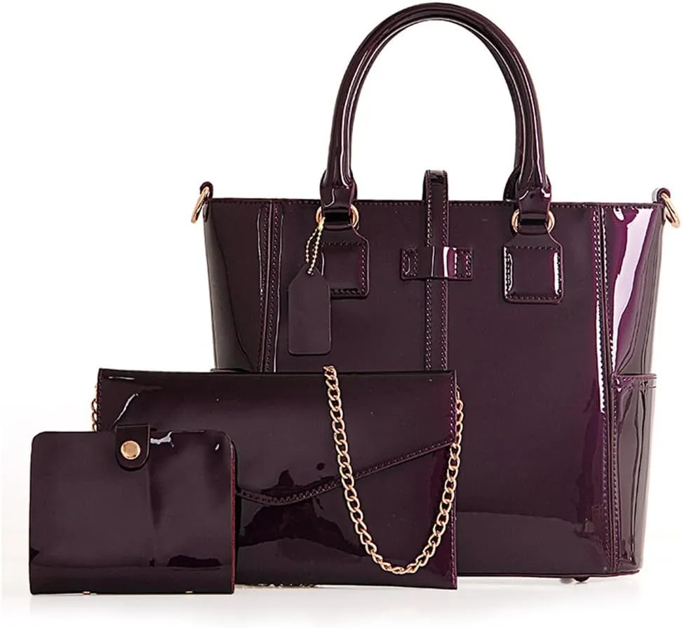3PCS Set Shoulder Handbag for Women Patent Leather Top-handle Purse Glossy Shopper Work Crossbody Satchel