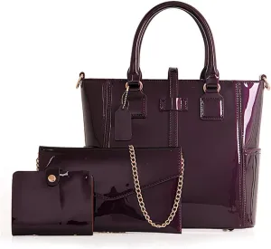 3PCS Set Shoulder Handbag for Women Patent Leather Top-handle Purse Glossy Shopper Work Crossbody Satchel