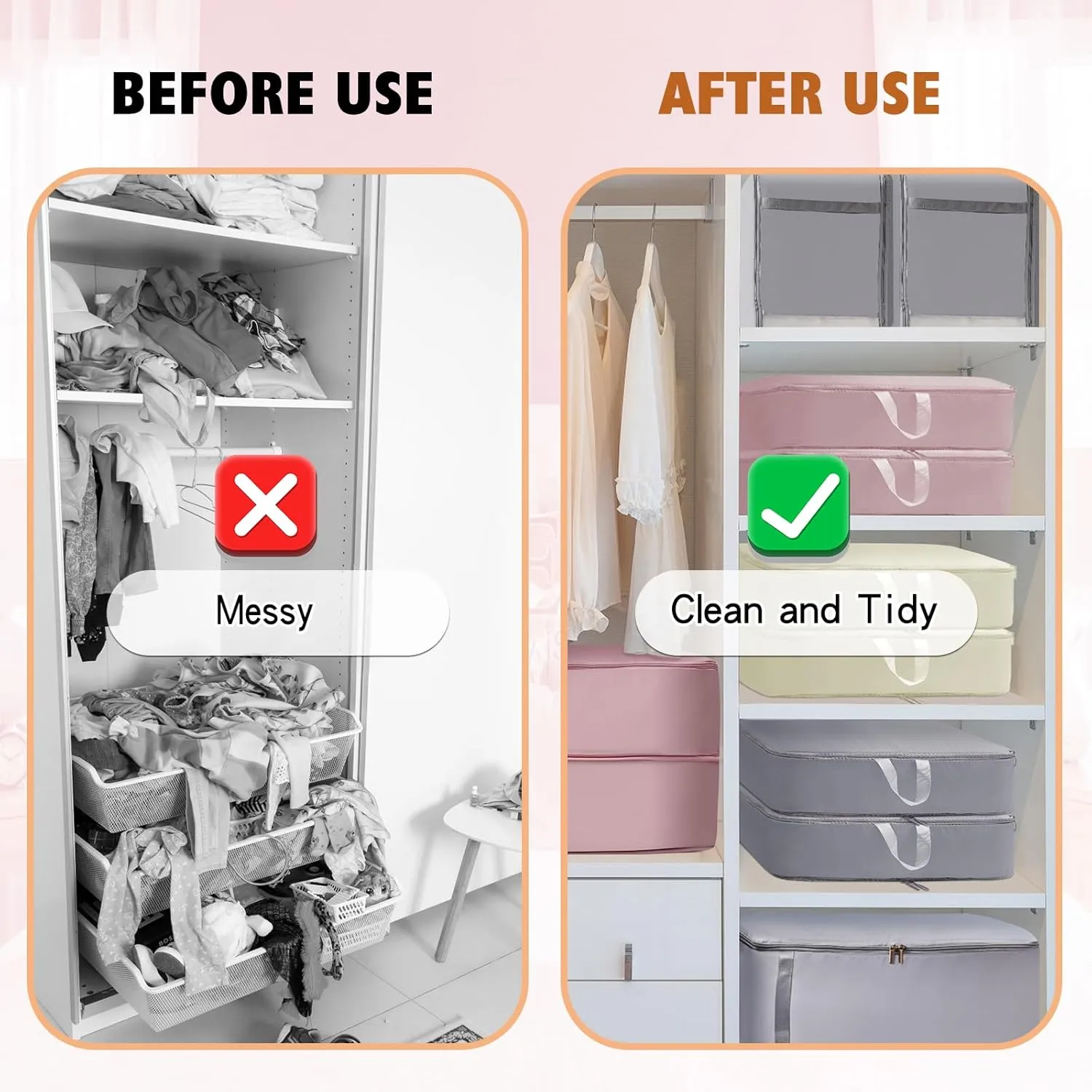 4 Pack Ultra Space Saving Self Compression Organizer, 2025 Upgrade Space Saver Compression Storage Bag, Premium Comforter Bedding Storage Bag (Pink, M - 40 * 30 * 18cm)