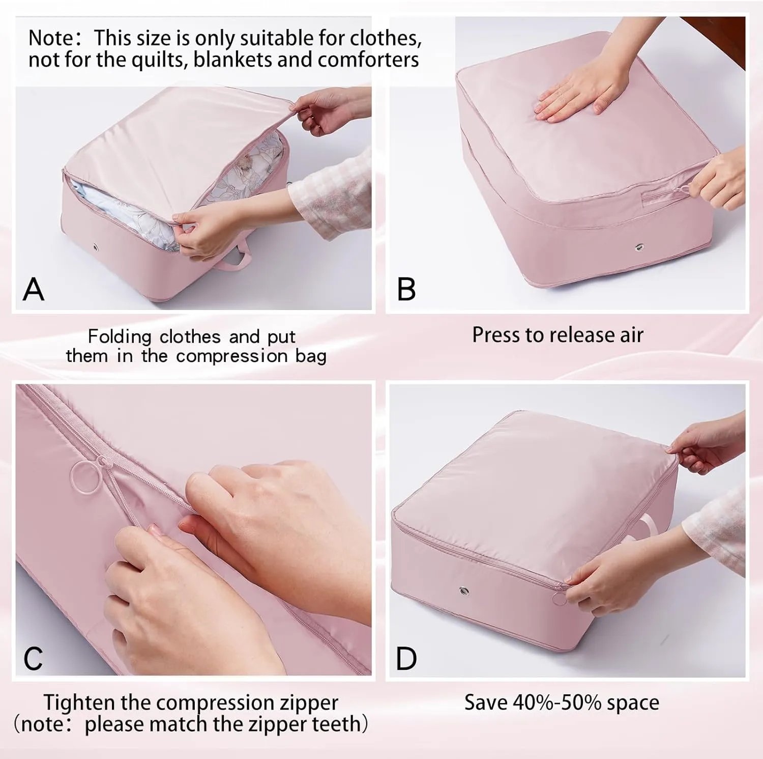 4 Pack Ultra Space Saving Self Compression Organizer, 2025 Upgrade Space Saver Compression Storage Bag, Premium Comforter Bedding Storage Bag (Pink, M - 40 * 30 * 18cm)