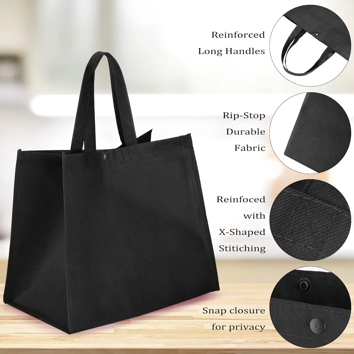 48 Pack Reusable Grocery Bags 13'' L x 9.4'' W x 15'' H Large Foldable Shopping Tote Bag Non Woven with Handle and Plastic