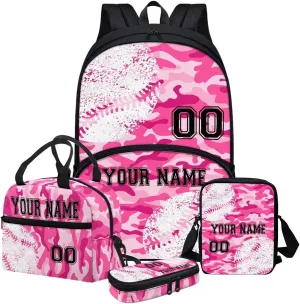 4PCS Baseball Print Customized School Bookbag for Kids, Pink Purple Camouflage Laptop Backpack Crossbody Bag Hiking Daypack Lunch Bag Pencil Organizer